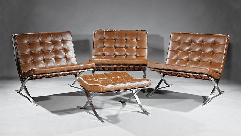 Three Barcelona Chairs and an Ottoman for Knoll: Suite of Three Barcelona Chairs and an Ottoman by Mies van der Rohe for Knoll, c. 1960s, "Knoll Associates" labels from 36-30 Steinway St. and 320 Park Ave., brown leather cushions on polished steel f