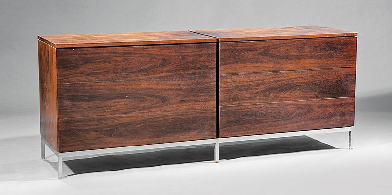 Florence Knoll Rosewood Two-Part Chest: Florence Knoll Rosewood Two-Part Chest, c. 1969, each part with three drawers, chrome steel base, h. 29 in., w. 73 in., d. 19 1/2 in. Ref.: Schiffer, Nancy. Knoll Home & Office Furniture, 2006, p. 275