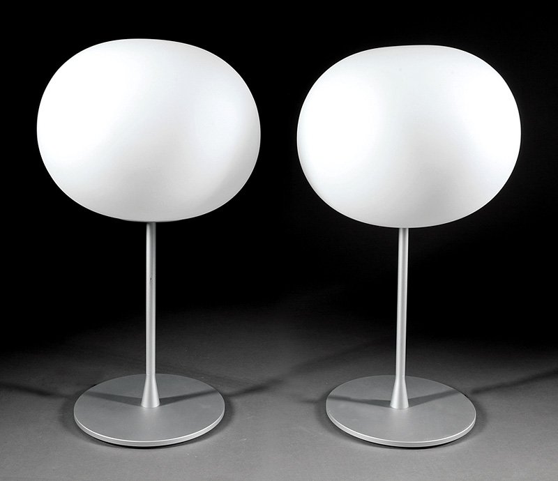 Glo-Ball T-1 Glass and Steel Table Lamps, Flos: Pair of Italian Glo-Ball T-1 Glass and Steel Table Lamps, by Flos, designed by Jasper Morrison, 1998, hand-blown glass, steel base, h. 32 in., shade dia. 17 1/2 in