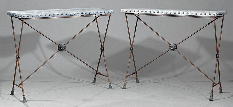 Pair of Decorative Iron and Zinc Console Tables: Pair of Decorative Iron and Zinc Console Tables. h. 40 1/2 in., w. 48 in., d. 17 3/4 in.