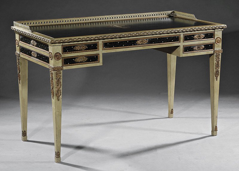 Bronze-Mounted and Paint-Decorated Table à Ecrire: Neoclassical-Style Bronze-Mounted and Paint-Decorated Table à Ecrire, reticulated gallery top with figural medallion, kneehole configuration of drawers, square tapered legs, h. 30 in., w. 47 1/2 in.,