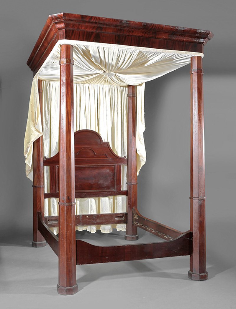 American Classical Carved Mahogany Tester Bed: American Classical Carved Mahogany Tester Bed, 19th c., stamped C. Lee, stepped molded tester, tapered faceted posts, arched paneled headboard, conforming rails, h. 112 1/2 in., l. 76 1/2 in., w. 59 1