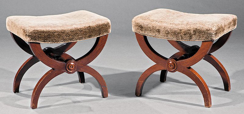 American Classical-Style Mahogany Curule Stools: Pair of American Classical-Style Mahogany Curule Stools, after Duncan Phyfe, h. 17 1/2 in., w. 19 in., d. 15 in