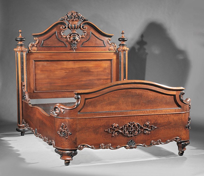 Carved and Ebonized Mahogany Bedstead, Mallard: Rare American Rococo Carved and Ebonized Mahogany Bedstead, mid-19th c., attr. to purveyor Prudent Mallard, New Orleans, scrolled crest with floral urn and cabochon cartouche, paneled headboard, reede