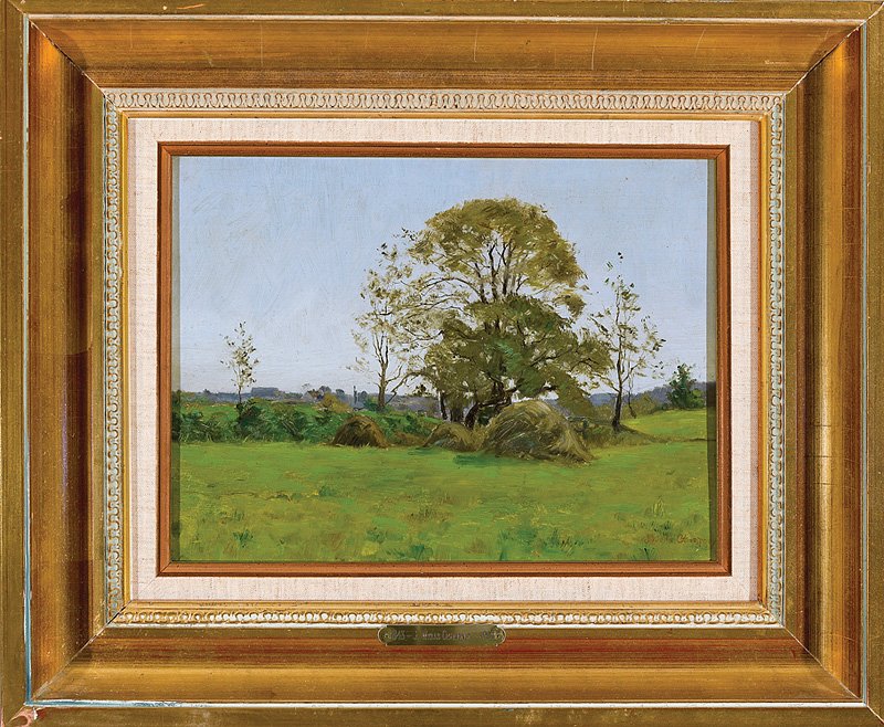 James Wells Champney (American, 1843-1903): James Wells Champney (American, 1843-1903), "In the Field, Back of Dames Farm", oil on board, signed, sight 9 3/4 in. x 13 in., framed. Note: GM-A-02