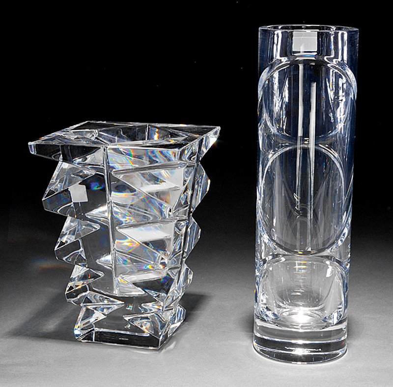 Two Baccarat "Intangible" and "Totem" Glass Vases: Two Baccarat "Intangible" and "Totem" Glass Vases, marked, first with molded circular pattern, h. 12 in.; second with molded pyramids, h. 7 7/8 in. Provenance: Ex-Collection Dr. Roger Hatchette, New O