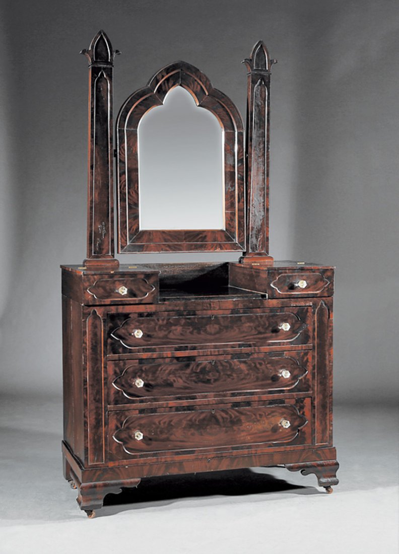 Rare American Gothic Mahogany Dressing Chest: Rare American Gothic Mahogany Dressing Chest, mid-19th c., gothicized mirror on tapered supports, two glove boxes over three graduated drawers, ogee bracket feet, h. 88 in., w. 48 in., d. 22 in. Prove