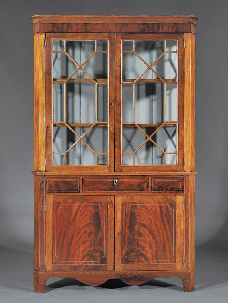 Federal-Style Inlaid Mahogany Corner Cabinet: American Federal-Style Inlaid Mahogany Corner Cabinet, probably 19th c., molded cornice, plain frieze, glazed doors, shelf interior, base with frieze drawer flanked by small compartments, paneled door