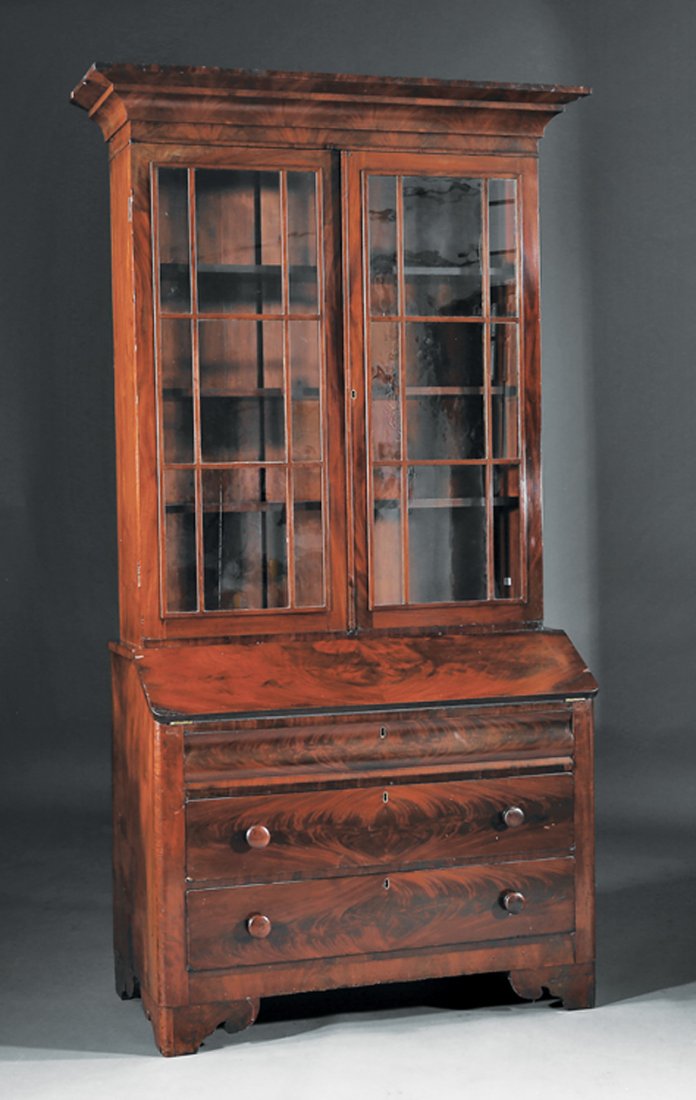 Late Classical Mahogany Secretary Bookcase: American Late Classical Mahogany Secretary Bookcase, c. 1830, cove-molded cornice, pair of glazed doors, fall front desk with fitted interior, ogee drawer above 2 drawers, shaped bracket feet, h. 90 1