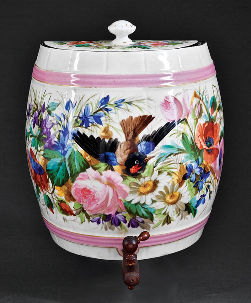 Continental Polychrome Porcelain Covered Cistern: Continental Polychrome Porcelain Covered Cistern, late 19th/early 20th c., half barrel form with bird and flower decoration, wood spigot, h. 13 in., w. 12 in., d. 8 1/2 in