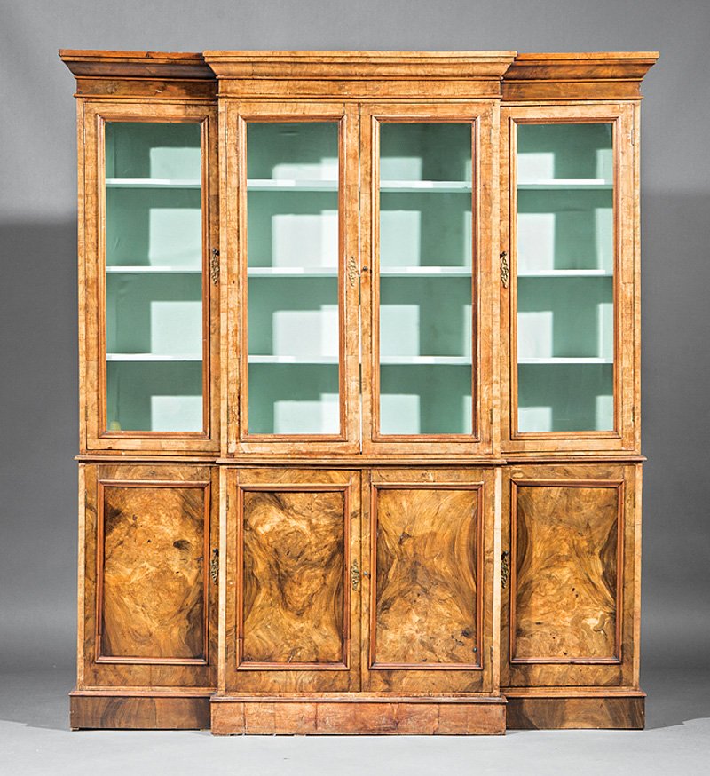 George III-Style Mahogany Breakfront Bookcase: Antique George III-Style Mahogany Breakfront Bookcase, stepped molded cornice, glazed doors, shelf interior, conforming lower case with 4 burled paneled doors, blocked base, h. 90 1/2 in., w. 76 1/2 i