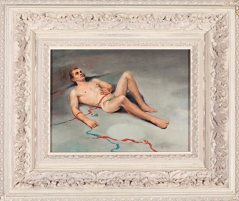 John Brock Lear, Jr. (American, 1910-2008): John Brock Lear, Jr. (American, 1910-2008), "Male Nude in Repose", oil on canvas board, signed lower right, "The Merrill Collection, West Chester, PA" label with artist biography en verso, 9 in. x 12 