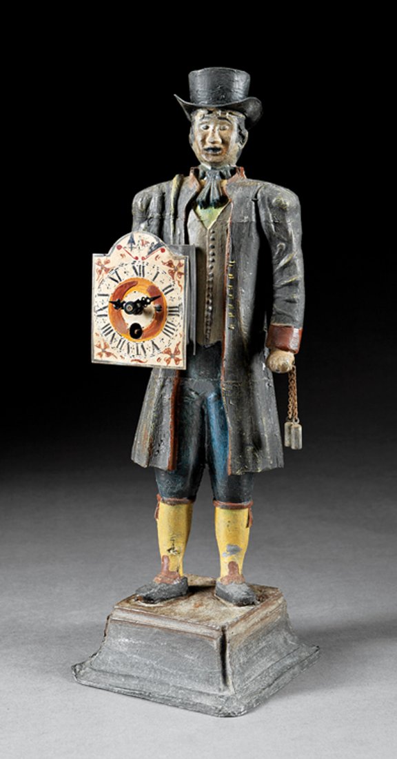 American Painted Metal Shelf Clock: American Painted Metal "Clock Peddler" Shelf Clock, late 19th c., h. 14 in., w. 4 3/4 in., d. 4 1/2 in