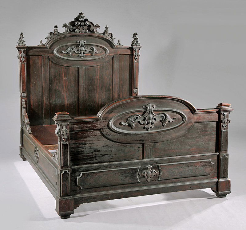 Carved Rosewood Bedstead attr. Jelliff: American Renaissance Carved Rosewood Bedstead, c. 1860, attr. to John Jelliff, Newark, foliate scrolled crest, paneled head and foot board, h. 71 3/4 in., l. 75 in., w. 58 in. Provenance: Edwin van An