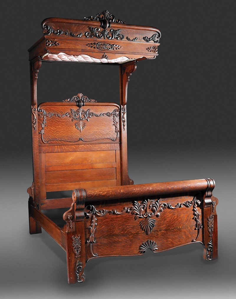 American Carved Oak Bedroom Suite: American Carved Oak Bedroom Suite, late 19th/early 20th c., incl. half-tester bed, armoire, marble top dresser and washstand; bed with foliate headboard, conforming foot board, bracketed rails; armoir