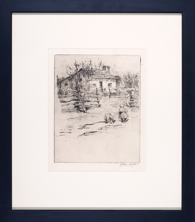 Helen Hyde (American, 1868-1919): Helen Hyde (American, 1868-1919), "The Gatherers", etching, Pencil-titled “Home of Gabriel” in lower margin, 9 3/4 in. x 7 3/4 in., framed