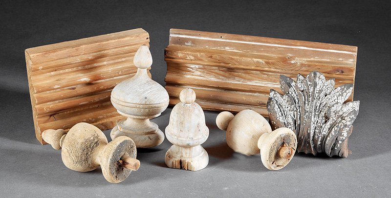 Six Architectural Plaster Molds: Six Antique Architectural Plaster Molds, 4 with wood frames, largest 18 in. x 10 1/2 in. x 2 in., together with a wooden bracket and three American cast iron decorative objects, 19th c., incl. top hat