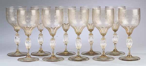 Ornate Venetian Amber Blown and Cut Glass Goblets