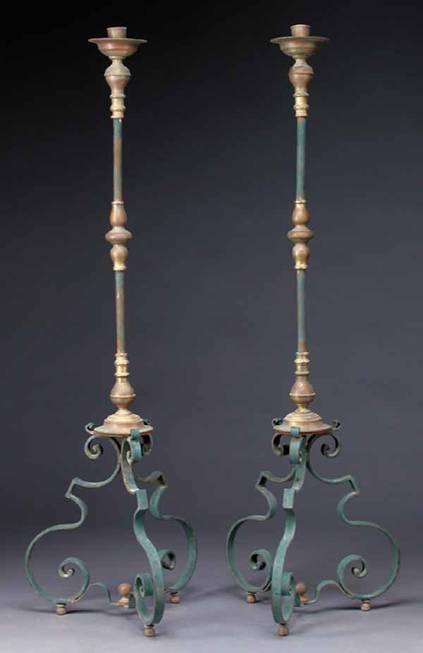 Pair of Painted Iron and Bronze Lumieres, Italy
