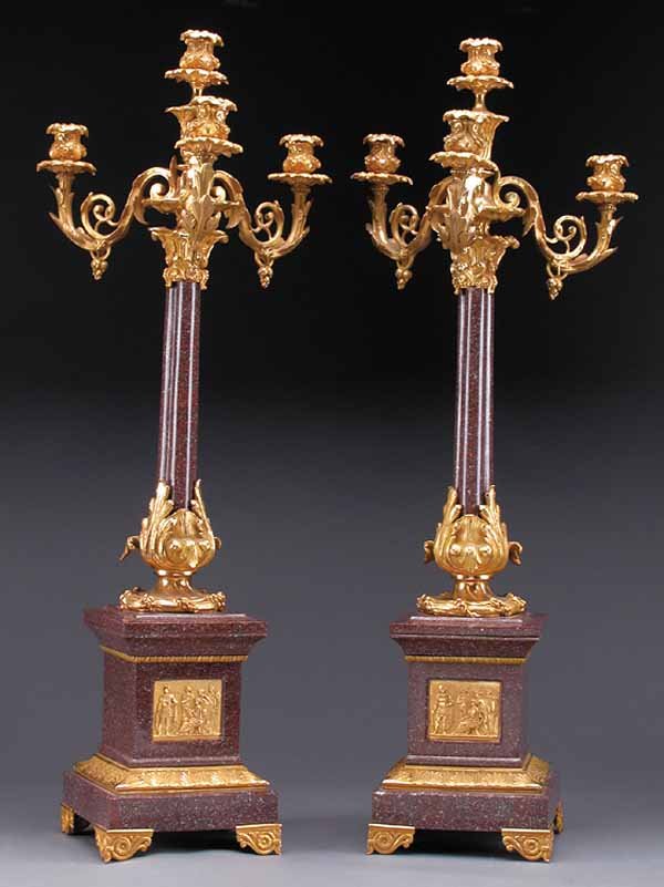 Pair of Tall Bronze Dore and Granite Candelabra