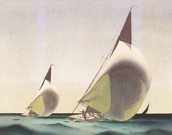 Sandor Bernath American watercolor: Sandor Bernath (American, b. 1892), "Boats at Full Sail", watercolor on paper, signed lower right, sight 14 in. x 18 in., note: scattered fixing and surface scratches * NO RETURNS ARE ACCEPTED ON THE
