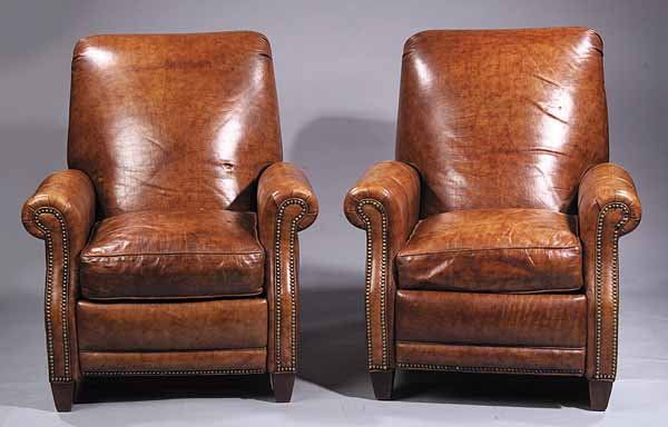 Pair of "Alligator" Leather Recliners Club Chairs: A Pair of Edwardian-Style "Alligator" Leather Recliner Club Chairs, labeled Hancock and Moore, the overstuffed back, arms and cushion with brass nailhead trim, raised on blocked feet, height 38 in., w