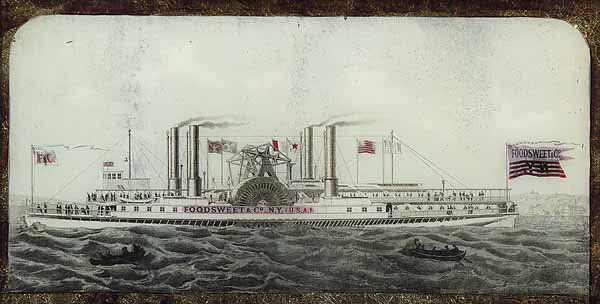 American Eglomise of Paddlewheel Steamer: An American Eglomise of Paddlewheel Steamer flagged "Foodsweet & Co. N.Y.,", mid-19th c., the vessel, river, and landscape rendered in grisaille with flags and banners picked out in red, foil backing