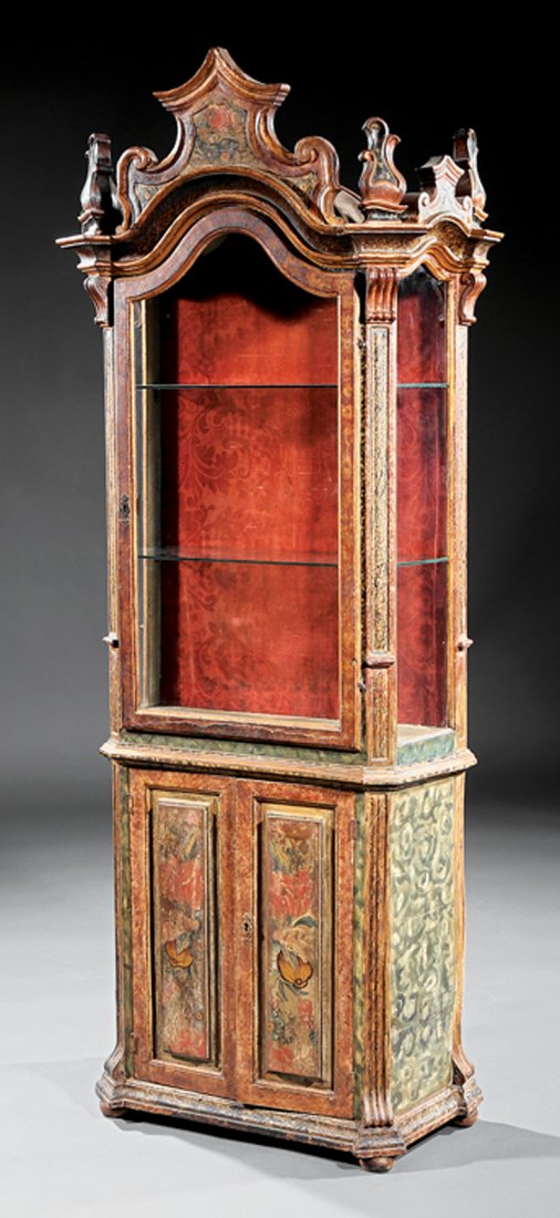 Venetian Rococo Painted and Parcel Gilt Vitrine: Antique Venetian Rococo Painted and Parcel Gilt Vitrine, 19th c., glazed upper case with chamfered stiles, two cabinet doors, bun feet, h. 74 in., w. 29 in., d. 16 in