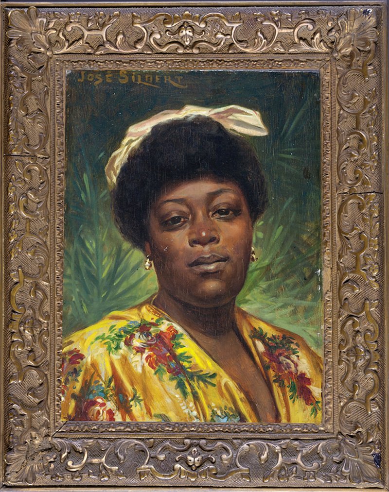 José Silbert (French, 1862-1939): José Silbert (French, 1862-1939), "Portrait d'une Lydie, Negresse Mauresque", oil on wood panel, signed upper left, titled en verso, 12 3/4 in. x 9 1/2 in., antique frame