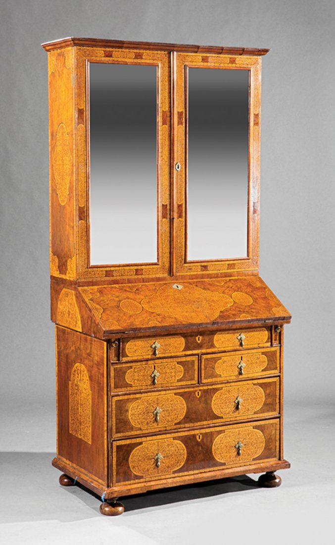 Seaweed Marquetry, Burled Walnut Secretary Bookcase: Antique William and Mary Seaweed Marquetry and Burled Walnut Secretary Bookcase, in the manner of Gerrit Jensen, molded cornice, mirrored doors, slant front opening to fitted desk interior, lower case