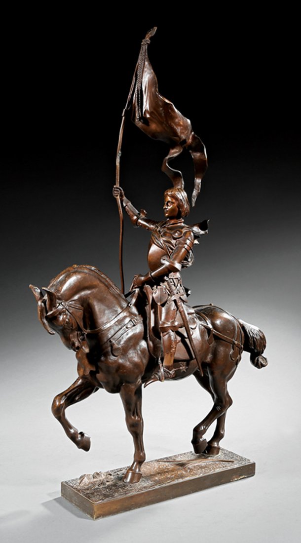 Continental Bronze Figure of Joan of Arc on a Horse: Continental Bronze Figure of Joan of Arc on a Horse, after Alfred Barye, inscribed "Alf. Barye" on naturalistic rectangular self-base, h. 32 1/2 in., w. 7 in., d. 21 in