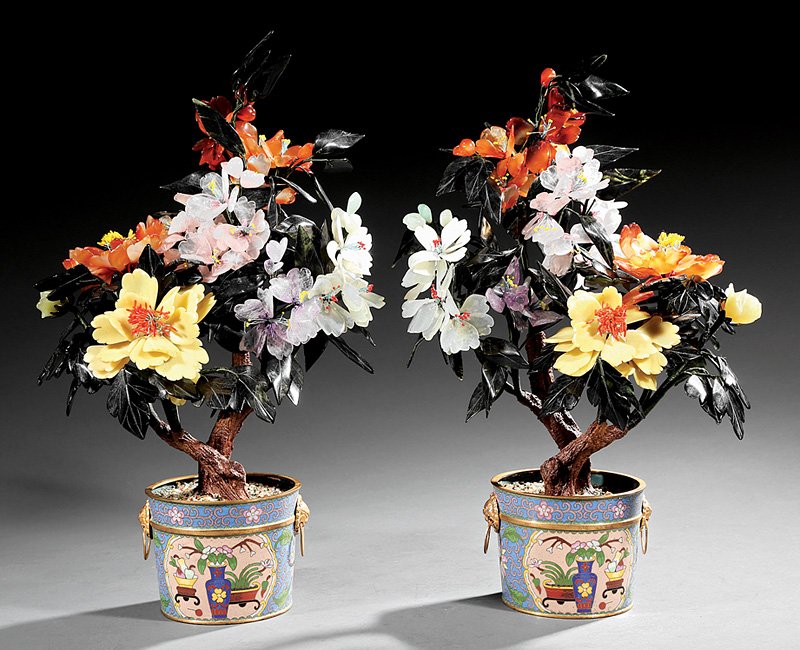 Chinese Hardstone Trees in Cloisonné Enamel Pots: Pair of Chinese Hardstone Trees in Cloisonné Enamel Pots, "bark" and fabric-wrapped branches with multi-colored flowers and leaves, pot with gilt-metal mask-ring handles, approx. h. 15 1/2 in