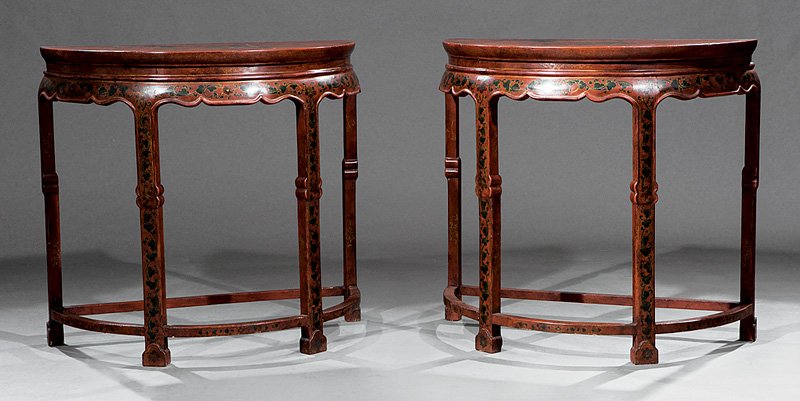 Chinese Polychrome Painted, Lacquer Console Tables: Pair of Chinese Polychrome Painted Red Lacquer Console Tables, probably late 19th/early 20th c., demilune banded tops, shaped friezes, molded legs, stretchers, h. 32 in., w. 34 in., d. 17 in