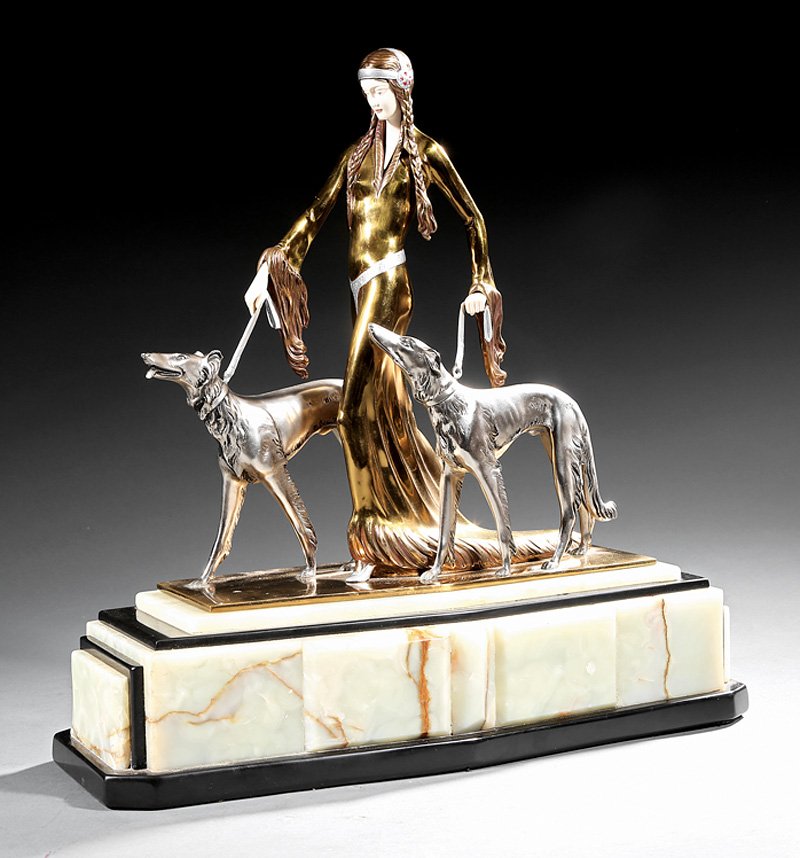 Art Deco Patinated Bronze of a Lady with Greyhounds: Art Deco Patinated Bronze Figural Group of a Lady with Greyhounds, after Otto Poertzel, inscribed "Prof. Poertzel. Encore 129/190" on self base, h. 14 1/4 in., marble base, overall h. 18 3/4 in