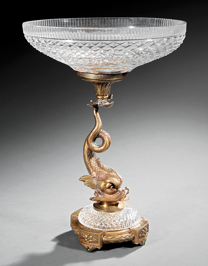 French Gilt Bronze and Cut Crystal Centerpiece: French Gilt Bronze and Cut Crystal Centerpiece, 20th c., dolphin standard, diamond point bowl, h. 19 1/2 in., dia. 13 3/4 in
