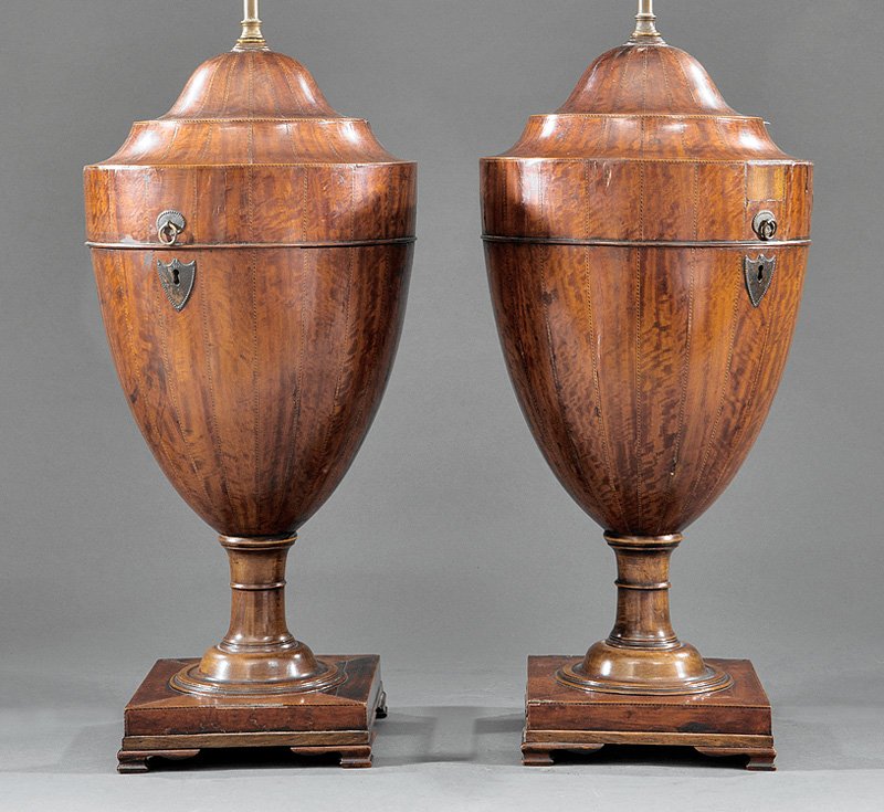Pair of George III Inlaid Mahogany Cutlery Urns: Pair of George III Inlaid Mahogany Cutlery Urns, early 19th c., shield escutcheon, plinth base, bracket feet, now mounted as table lamps, h. 21 3/4 in., dia. 10 in., h. to socket 35 in