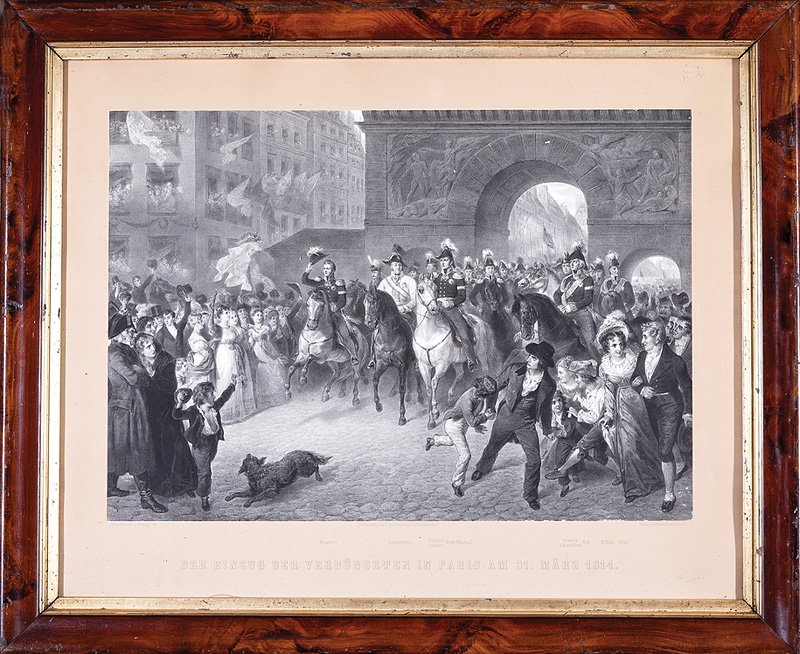 After Georg Bleibtreu (German, 1828-1892): After Georg Bleibtreu (German, 1828-1892), "Der Einzug Der Verbundeten in Paris, A.M. 31, Marz 1814 (Battle of Paris)", steel engraving, published by Druck v. Hermann, Berlin, sight 23 3/4 in. x 29 3/