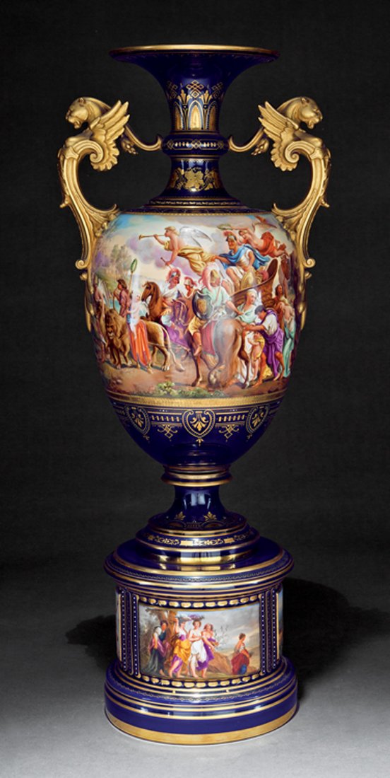 Austrian Polychrome, and Gilt Porcelain Amphora Vase: Austrian Bleu-Royale, Polychrome, and Gilt Porcelain Amphora Vase on Stand, late 19th/early 20th c., underglaze blue scepter mark and stamped "FD/Vienna/Austria" within double beehive, decorated with