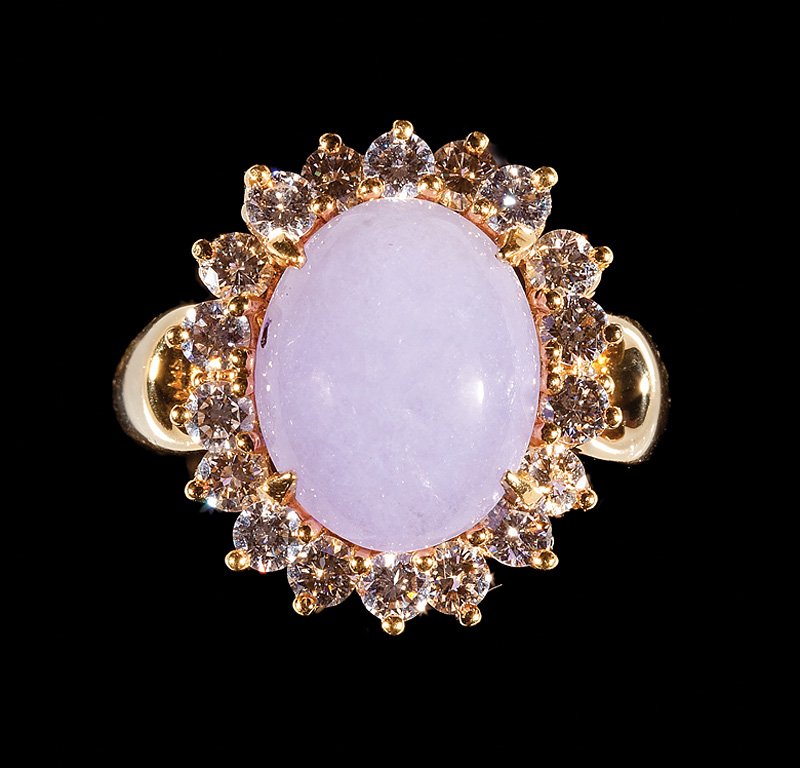 Gump's Yellow Gold, Lavender Jade, Diamond Ring: Gump's 18 kt. Yellow Gold, Lavender Jade and Diamond Ring, set with central jade cabochon, 12 mm. x 9 1/2 mm., surrounded by 20 brilliant cut diamonds, total wt. approx..97 cts., size 5, accompanied b