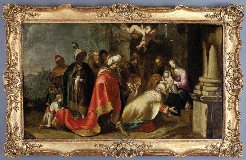 After Bartolome Esteban Murillo (Spanish, 1617-1682): After Bartolome Esteban Murillo (Spanish, 1617-1682), "Adoration of the Magi", 18th/19th c., oil on canvas, 23 3/4 in. x 41 in., framed with artist plaque