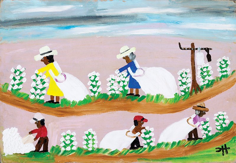 Clementine Hunter (American/Louisiana, 1886-1988): Clementine Hunter (American/Louisiana, 1886-1988), "Picking Cotton with a Scale", oil on board, monogrammed lower right, 16 in. x 23 1/2 in., framed. Provenance: Acquired from the artist by Mrs. Clara
