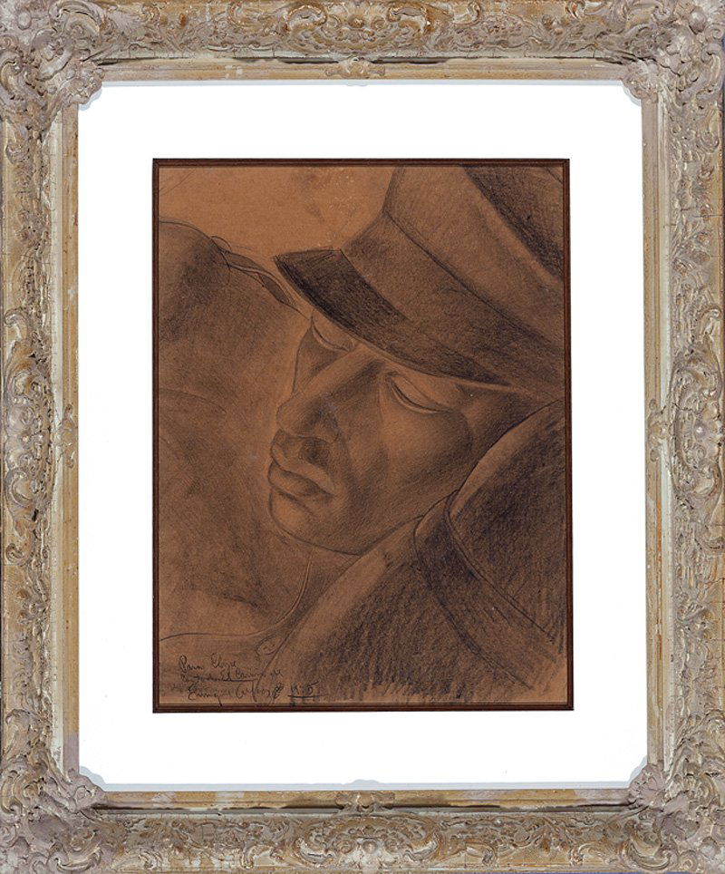 Enrique Alferez (Mexican/New Orleans, 1901-1999): Enrique Alferez (Mexican/New Orleans, 1901-1999), "Portrait of Man Wearing a Hat", 1935, pastel on paper, signed, dated, inscribed "Para Clayre, Con todo el Cariño (For Clayre, All my affection)" and