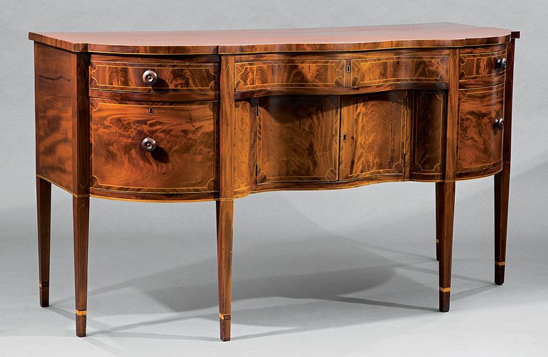 American Federal Inlaid Mahogany Sideboard: American Federal Inlaid Mahogany Sideboard, c. 1790, New York, serpentine top, conforming frieze drawer and drawers, recessed cupboard doors, tapered cuffed legs, h. 42 in., w. 75 in., d. 31 1/2 in. P
