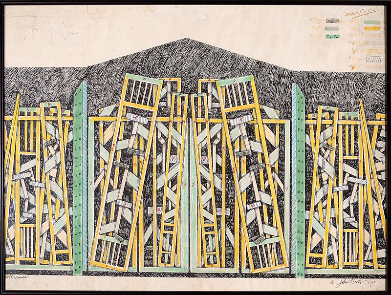 John T. Scott (American/New Orleans, 1940-2007): John T. Scott (American/New Orleans, 1940-2007), "Study for the New Orleans Museum of Art Spirit Gates", 1992, watercolor, marker and graphite on paper, signed and dated lower right, inscribed "Fragme