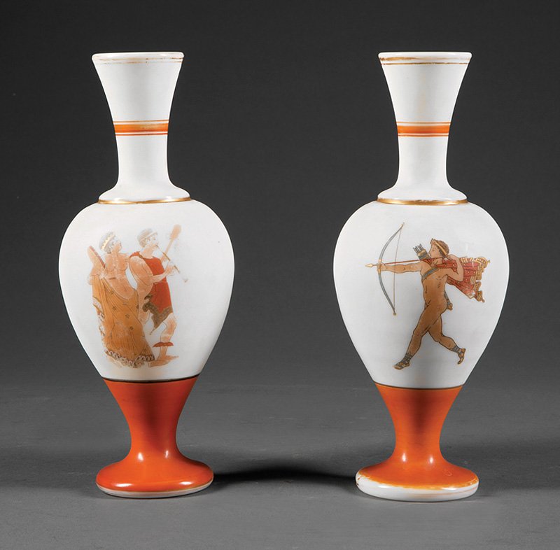 Pair of French Opaline Glass Vases in the Neo-Gre: Pair of French Opaline Glass Vases in the Neo-Grec Taste, late 19th c., gilt and ochre decoration, painted with Greek youths and maidens, h. 10 in., dia. 3 3/4 in