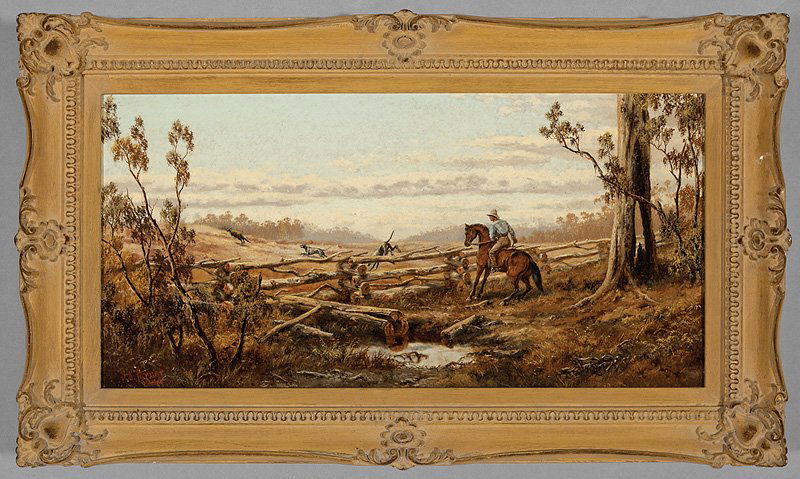James Alfred Turner (British/Australia, 1850-1908): James Alfred Turner (British/Australia, 1850-1908), "On the Kangaroo Trail", 1886, oil on canvas, signed and dated lower left, 12 in. x 24 in., framed. Provenance: Mr. and Mrs. John Salter, Surrey Hil