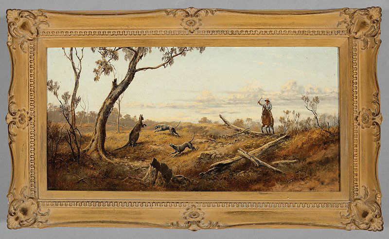 James Alfred Turner (British/Australia, 1850-1908): James Alfred Turner (British/Australia, 1850-1908), "Honing in on the Kangaroo", 1886, oil on canvas, signed and dated lower left, 12 in. x 24 in., framed. Provenance: Mr. and Mrs. John Salter, Surrey