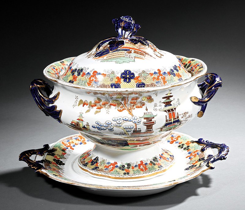 English Ironstone Soup Tureen and Underplate: Antique English Ironstone Soup Tureen and Underplate, bud finial, Chinese temple and floral decoration, h. 12 in., w. 13 in., d. 11 3/4 in. Provenance: Waldhorn Antiques