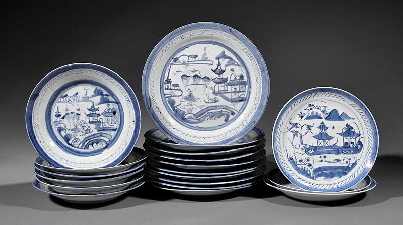 Chinese Export Canton Blue and White Dishes: Group of Chinese Export Canton Blue and White Porcelain Dishes, 19th c., decorated with seaside village scenes, incl. 10 dinner plates, dia. 9 7/8 in., and 6 shallow bowls, dia. 8 3/4 in.; together wi