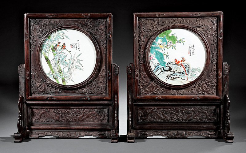Chinese Famille Rose Porcelain Hardwood Table Screen: Pair of Chinese Famille Rose Porcelain-Inset Hardwood Table Screens, probably 20th c., circular plaques decorated with pairs of birds, dia. 11 3/8 in., framed and set within hardwood stands, overall h